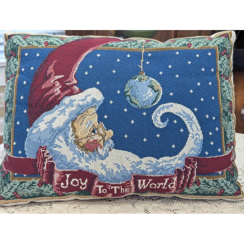 Vintage Santa Tapestry Pillow Joy to the World Christmas Holiday Decor